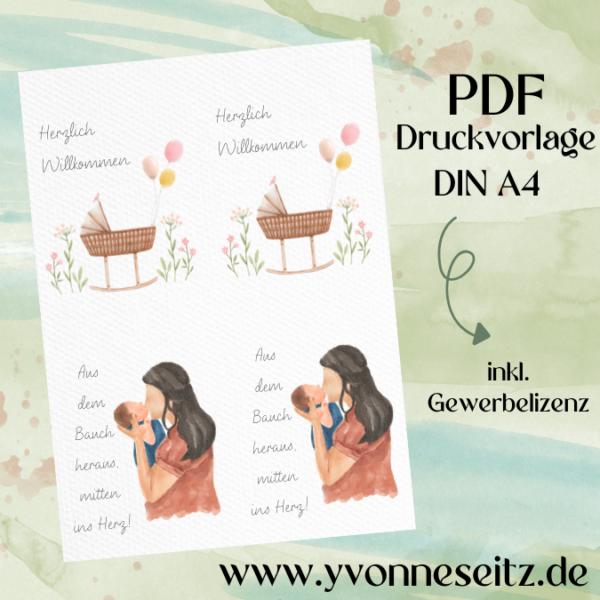 PRINT DRUCKVORLAGE PDF POSTKARTEN 2 Designs BABY - Herzlich Willkommen & aus dem Bauch direkt ins Herz - Geburt Printable PDF-Datei zum selber drucken