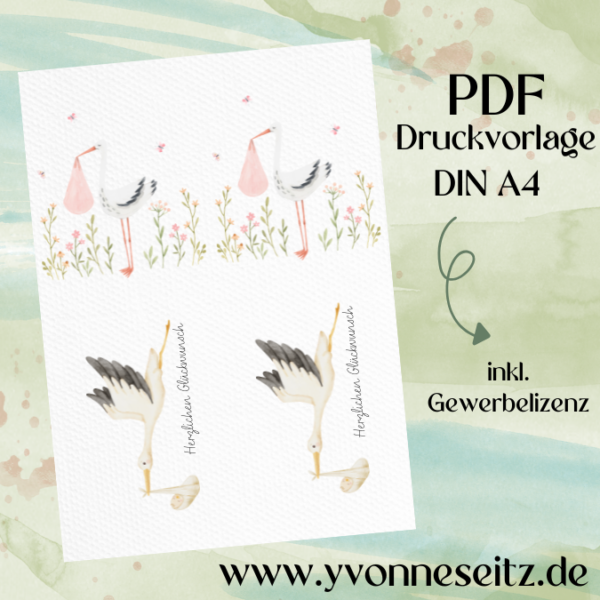 PRINT DRUCKVORLAGE PDF POSTKARTEN 2 Designs BABY - Storch Glückwunsch - Geburt Printable PDF-Datei zum selber drucken