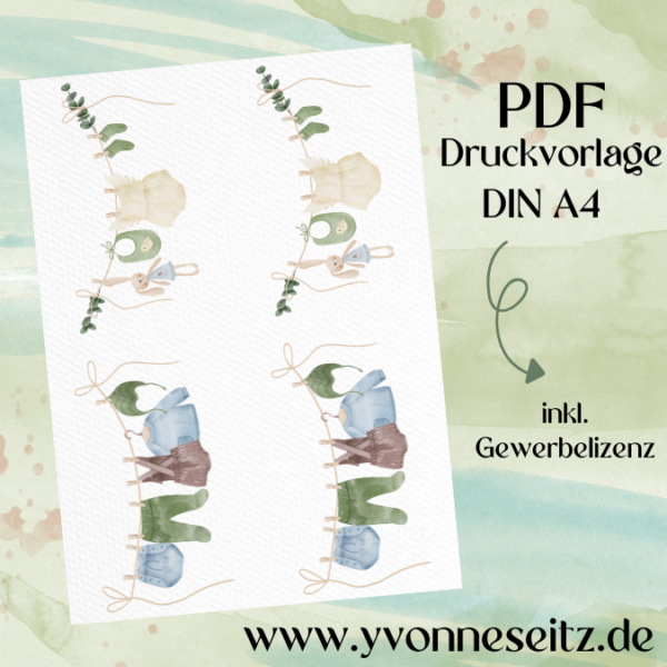 PRINT DRUCKVORLAGE PDF POSTKARTEN 2 Designs BABY - Wäscheleinen Naturals Aquarell - Geburt Printable PDF-Datei zum selber drucken