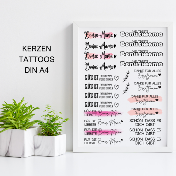 PDF - Kerzentattoo Vorlage - Bonus Mama / Stiefmutter - A4 Kerzentattoos zum selber drucken