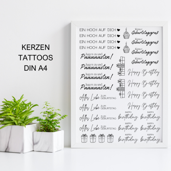 PDF - Kerzentattoo Vorlage - Geburtstag schwarz weiß - A4 Kerzentattoos zum selber drucken