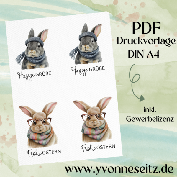 PRINT DRUCKVORLAGE PDF POSTKARTEN 2 Designs Ostern - Hasen Grüße Hasige Grüße - Printable PDF-Datei zum selber drucken