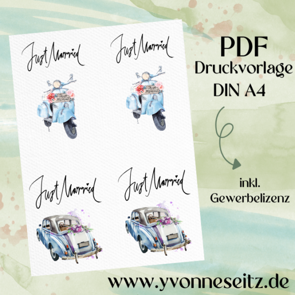 PRINT DRUCKVORLAGE PDF POSTKARTEN 2 Designs Hochzeit - Just Married Vespa & Auto Aquarell Vintage - Printable PDF-Datei zum selber drucken