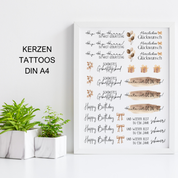 PDF - Kerzentattoo Vorlage - Geburtstag braun neutral boho - A4 Kerzentattoos zum selber drucken