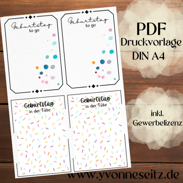 IN DER TÜTE PRINT DRUCKVORLAGE PDF Verpackung für Kleinigkeiten Geschenkkarte 2 Designs - Geburtstag to go UND Geburtstag in der Tüte Printable PDF-Datei zum selber drucken