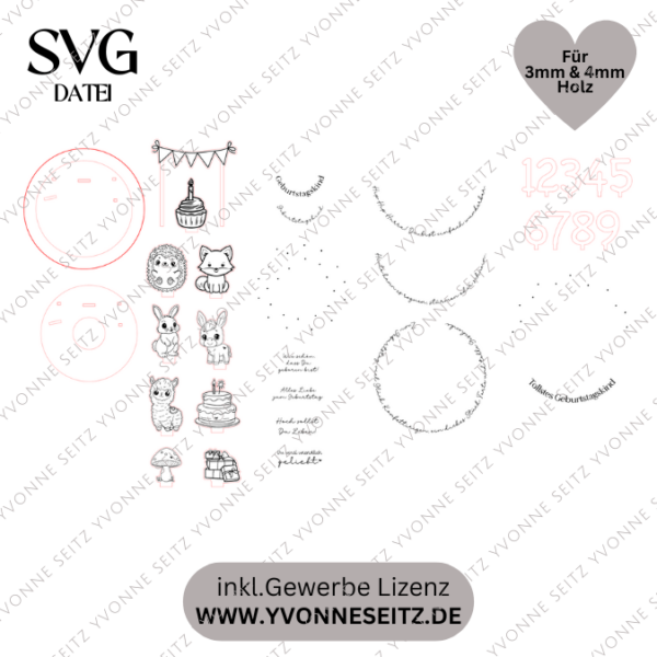 3mm UND 4mm SVG Laser Datei Geburtstagsteller Waldtiere Lama Kinder Personalisierbar austauschbare Ringe Laserdatei – Bild 2