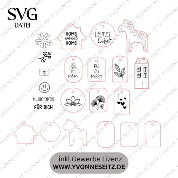 SVG Laser Datei Geschenkanhänger random für viele Kleinigkeiten Dala Haus floral Laserdatei mit Blankos für eigene Designs – Bild 2