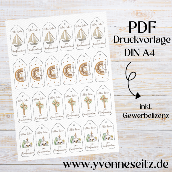 PRINT DRUCKVORLAGE PDF Geschenkanhänger 4 Designs MAXI - Konfirmation - Printable PDF-Datei zum selber drucken