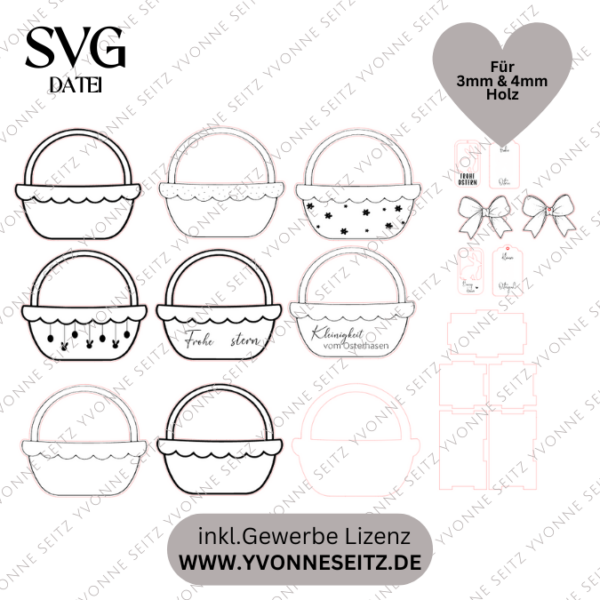 3 mm und 4 mm Ostern Geschenkkörbchen in 6 Designs inkl Anhänger und Deko für Kleinigkeiten Osterhasen Eier Osterkörbchen Ostergeschenk SVG Laserdatei Laserfile Lasercut