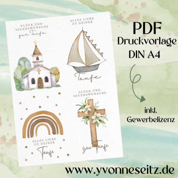 PRINT DRUCKVORLAGE PDF POSTKARTEN 4 Designs - Kirchliche Anlässe: Taufe braun aquarell - Printable PDF-Datei zum selber drucken