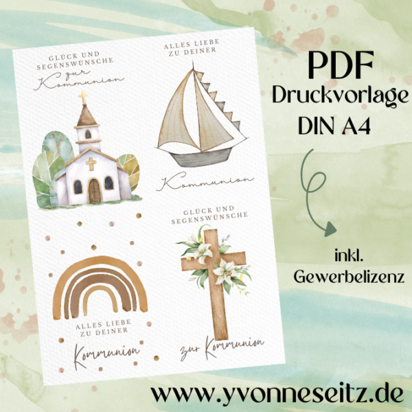 PRINT DRUCKVORLAGE PDF POSTKARTEN 4 Designs - Kirchliche Anlässe: Kommunion braun aquarell - Printable PDF-Datei zum selber drucken