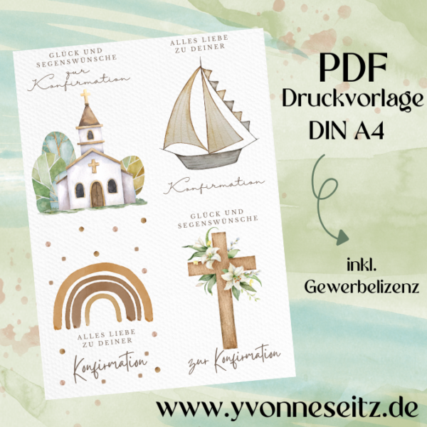 PRINT DRUCKVORLAGE PDF POSTKARTEN 4 Designs - Kirchliche Anlässe: Konfirmation braun aquarell - Printable PDF-Datei zum selber drucken