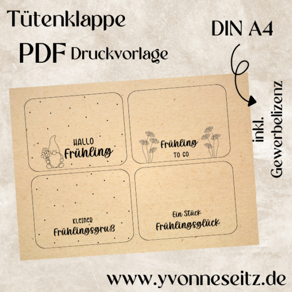 Tütenklappe Verschluss für Tüten PRINT DRUCKVORLAGE PDF Verpackung für Kleinigkeiten 4 Designs Frühling Frühlingsgruß Printable PDF Datei zum selber drucken