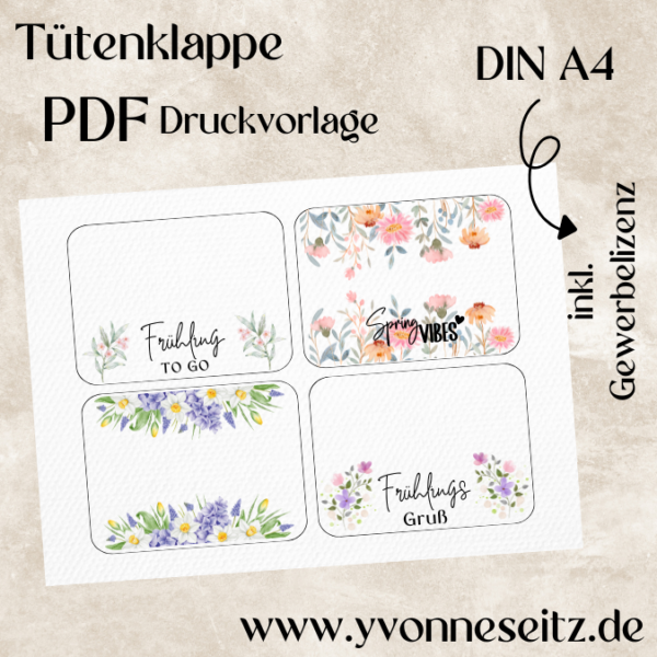 Tütenklappe Verschluss für Tüten PRINT DRUCKVORLAGE PDF Verpackung für Kleinigkeiten 4 Designs Frühling to go Frühlingsgruß bunt Printable PDF Datei zum selber drucken