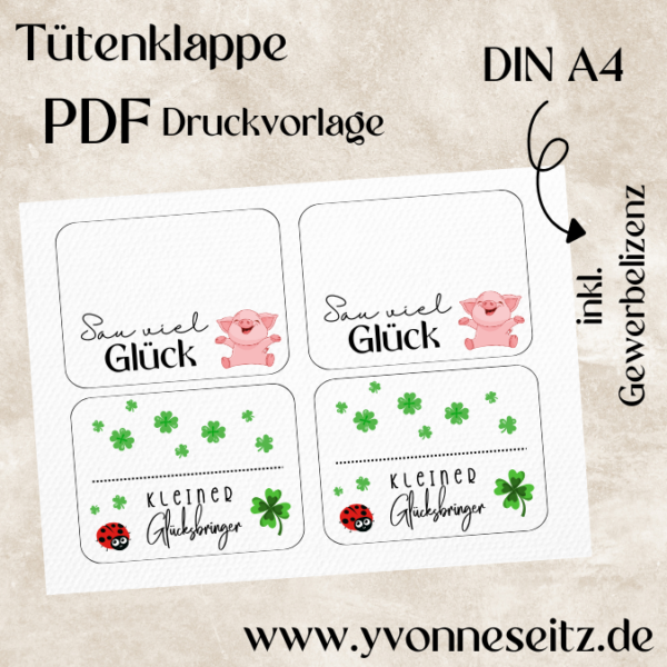 Tütenklappe Verschluss für Tüten PRINT DRUCKVORLAGE PDF Verpackung für Kleinigkeiten 2 Designs Glücksbringer bunt Printable PDF Datei zum selber drucken