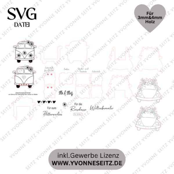 SVG Laser Datei - 3mm 4mm Bulli Bus für Blumen oder Geldgeschenk Geschenkbox Hochzeitsgeschenk Hochzeit Flitterwochen Reiselust Laserdatei