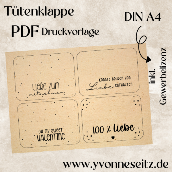 Tütenklappe Verschluss für Tüten PRINT DRUCKVORLAGE PDF Verpackung für Kleinigkeiten 4 Designs Valentinstag Liebe Romantische Geschenkidee Printable PDF Datei zum selber drucken