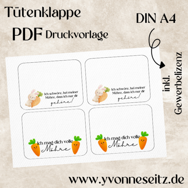 Tütenklappe Verschluss für Tüten PRINT DRUCKVORLAGE PDF Verpackung für Kleinigkeiten 2 Designs Ostern - Ich mag dich volle Möhre bunt - Printable PDF Datei zum selber drucken